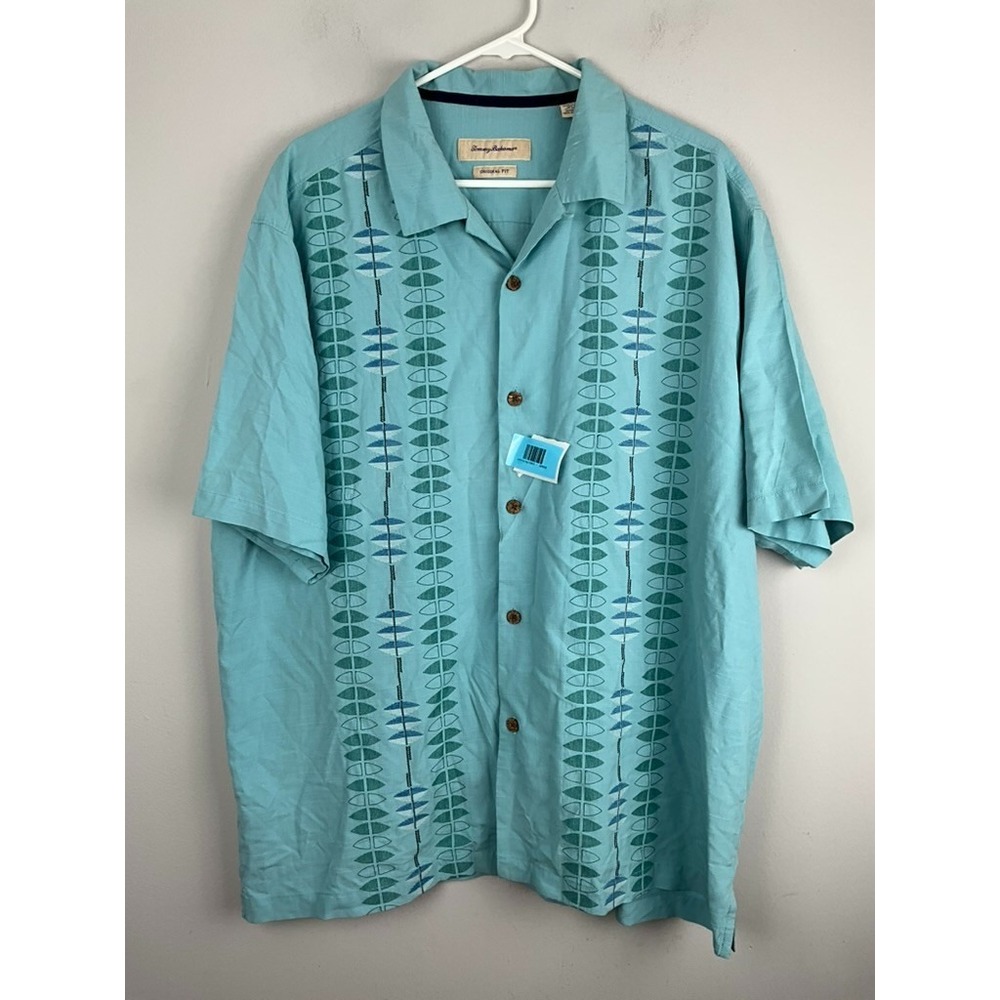 Tommy Bahama Original‎ Fit Camp Shirt Men XXL Aqua Blue Cotton Embroidered